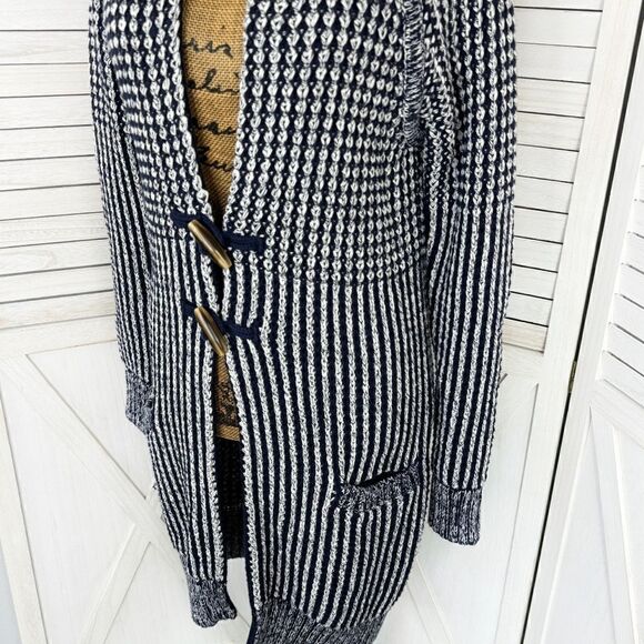 Gap Ribbed Toggle Front Long Cardigan Sweater Blue White XS Fisherman Nautical - Picture 9 of 16